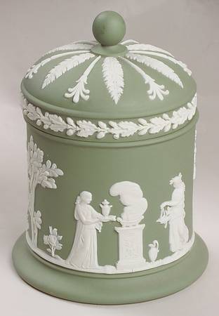 Cream Color on Celadon Jasperware Olympus Jar & Lid
