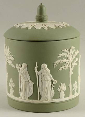 Cream Color on Celadon Jasperware Biscuit Barrel & Lid
