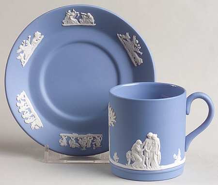 Cream Color on Lavender (Pale Blue) Jasperware Flat Demitasse Cup & Saucer Set