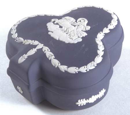 Cream Color on Portland Blue Jasperware Large Club Shaped Box & Lid