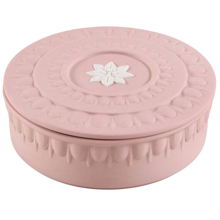 Cream Color on Pink Jasperware 3" Round Box & Lid