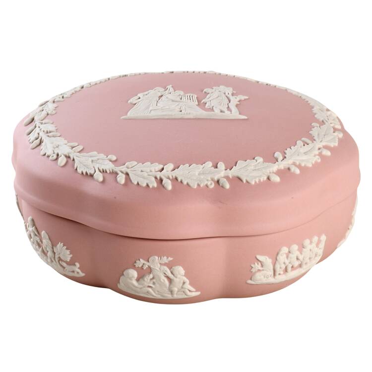 Cream Color on Pink Jasperware Large Scalloped Candy Box & Lid