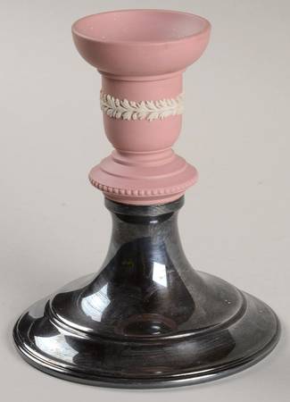 Cream Color on Pink Jasperware 5" Metal Base Candlestick