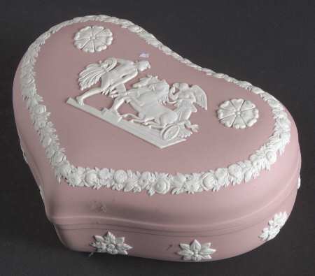 Cream Color on Pink Jasperware Large Heart Shape Box with Lid