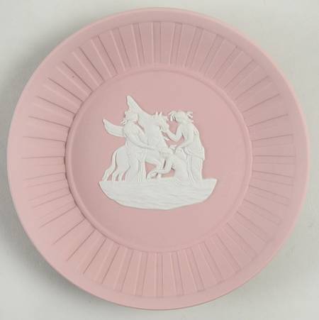 Cream Color on Pink Jasperware 4" Round Fluted Tray