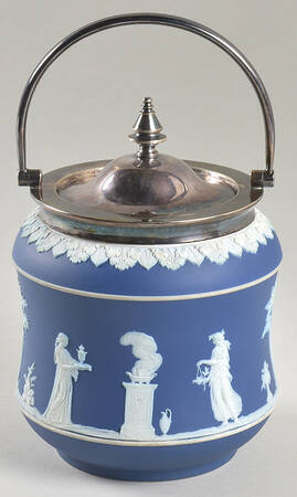 Cream Color on Wedgwood Blue Jasperware Biscuit Barrel & Lid