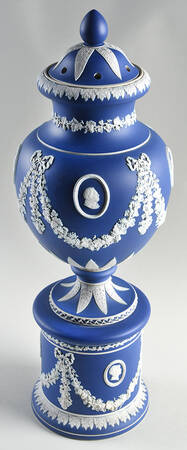 Cream Color on Wedgwood Blue Jasperware 18" Vase/Urn & Lid