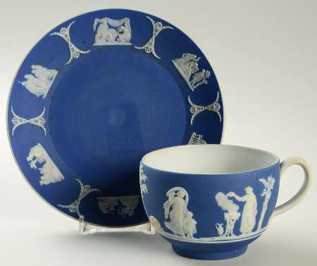 Cream Color on Wedgwood Blue Jasperware Flat Cup & Saucer Set