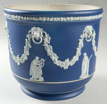 Cream Color on Wedgwood Blue Jasperware 8" Jardiniere