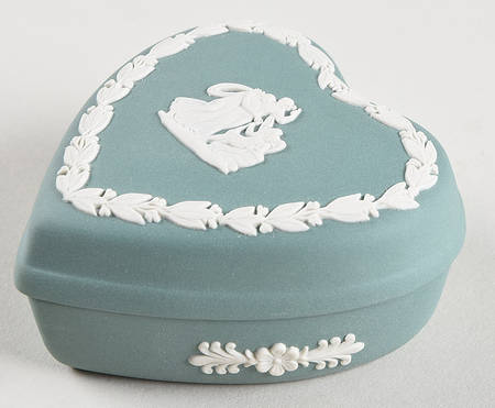 Cream Color on Teal Jasperware Small Heart Shape Box & Lid