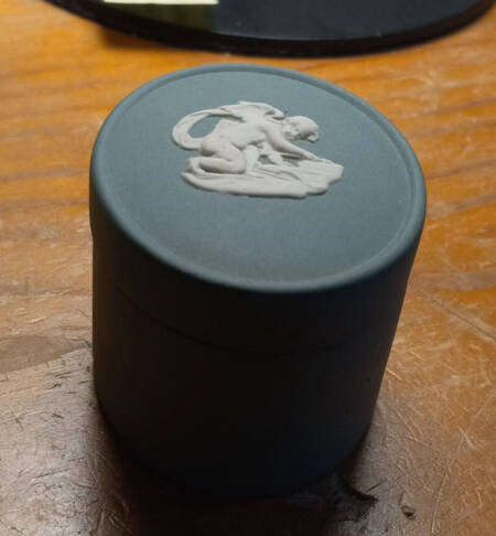 Cream Color on Teal Jasperware Oval Box & Lid