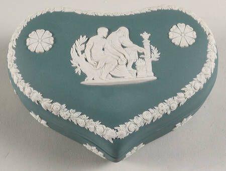 Cream Color on Teal Jasperware Heart Shape Box & Lid