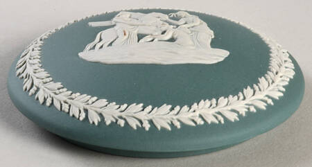 Cream Color on Teal Jasperware 3" Round Fluted Box-Lid