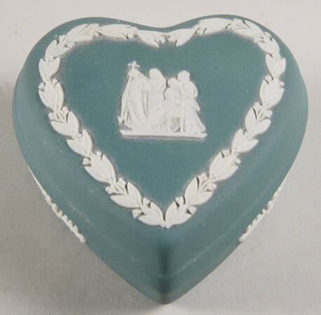 Cream Color on Teal Jasperware Small Heart Shape Box & Lid