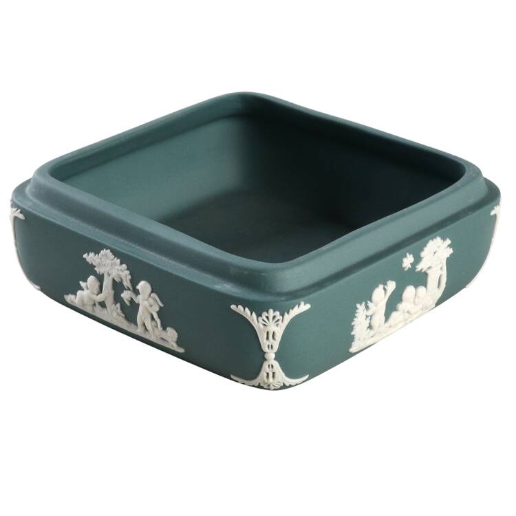 Cream Color on Teal Jasperware Square Box, No Lid