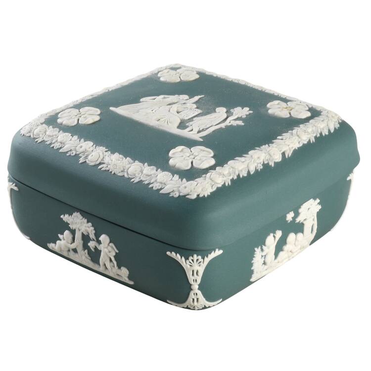 Cream Color on Teal Jasperware Square Box with Lid