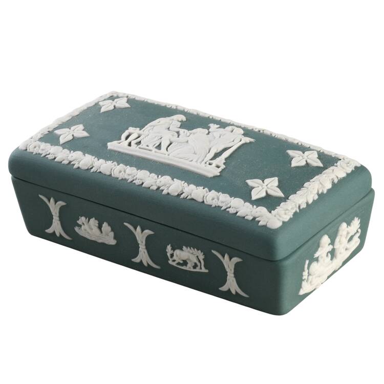 Cream Color on Teal Jasperware 3" Rectangular Box & Lid