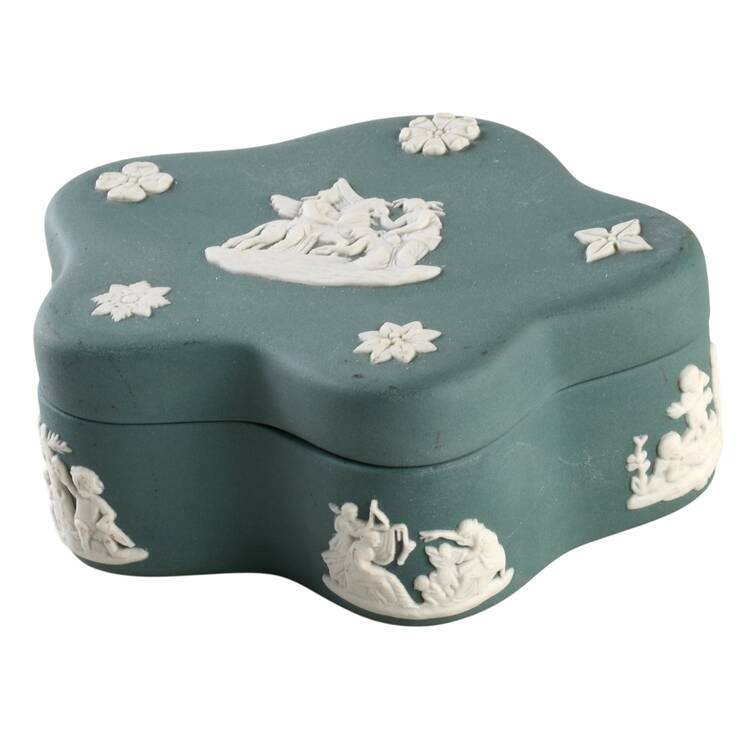 Cream Color on Teal Jasperware Pentefoil Box & Lid