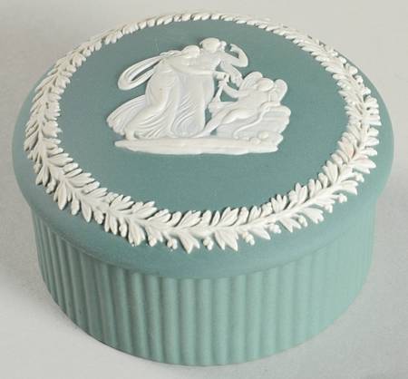 Cream Color on Teal Jasperware 3" Round Fluted Box & Lid