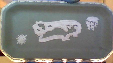 Cream Color on Teal Jasperware 6" Oblong Tray