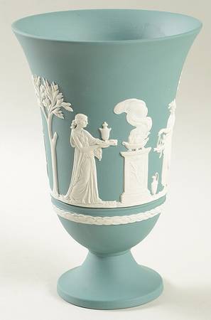 Cream Color on Teal Jasperware 7" Arcadian Vase