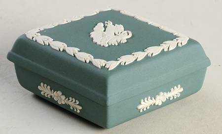 Cream Color on Teal Jasperware Diamond Shaped Box with Lid