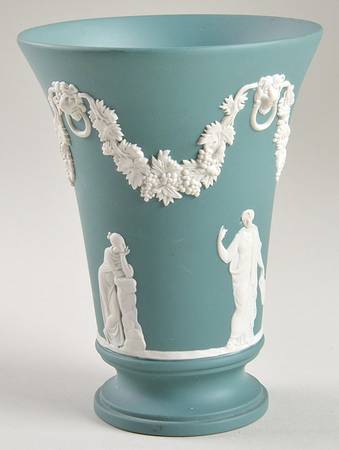 Cream Color on Teal Jasperware 6" Vase