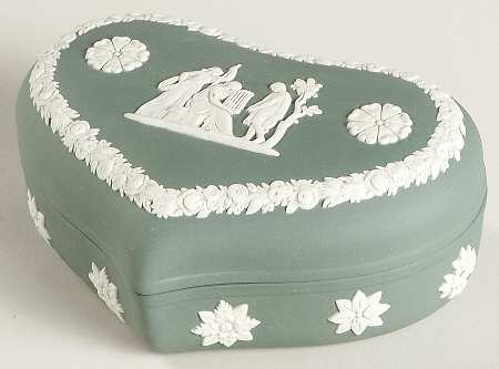 Cream Color on Teal Jasperware Heart Shape Box & Lid