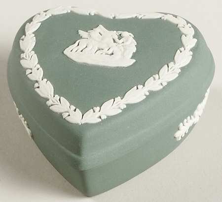 Cream Color on Teal Jasperware Small Heart Shape Box & Lid