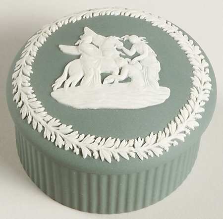 Cream Color on Teal Jasperware 2" Round Fluted Box & Lid