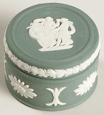 Cream Color on Teal Jasperware Miniature Round Box