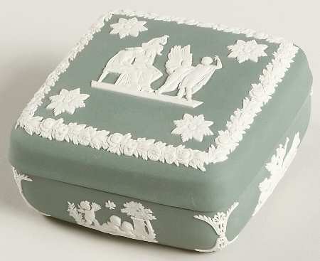 Cream Color on Teal Jasperware Square Box with Lid