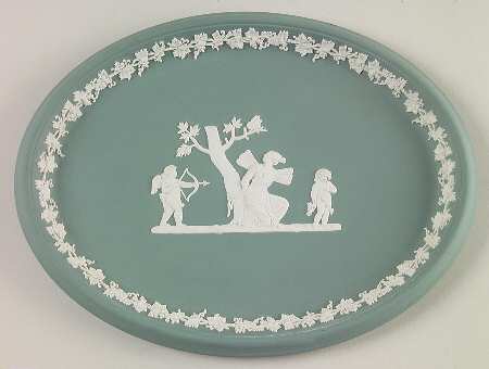 Cream Color on Teal Jasperware 10" Oval Tray