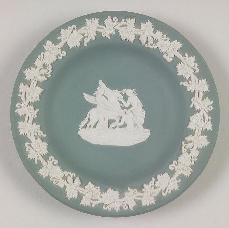 Cream Color on Teal Jasperware 4" Round Tray