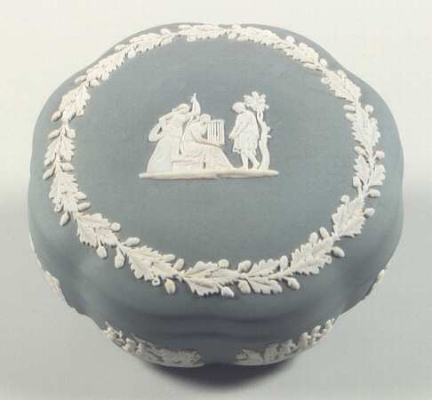 Cream Color on Teal Jasperware Large Scalloped Candy Box & Lid