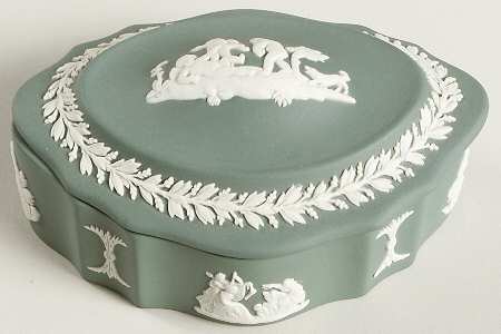 Cream Color on Teal Jasperware Silver/Candy Box with Lid