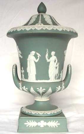 Cream Color on Teal Jasperware Vase/Urn & Lid
