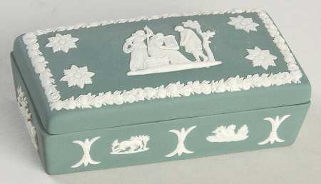 Cream Color on Teal Jasperware 3" Rectangular Box & Lid
