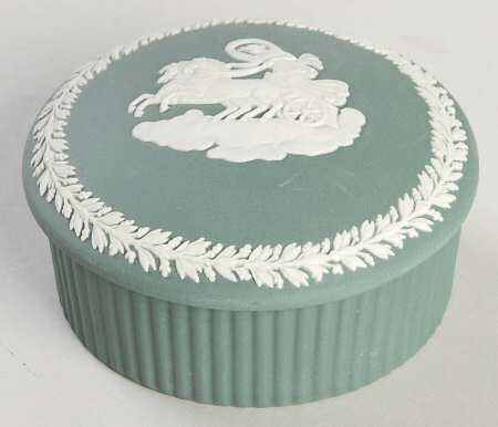 Cream Color on Teal Jasperware 3" Round Fluted Box & Lid