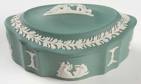 Cream Color on Teal Jasperware Silver/Candy Box & Lid