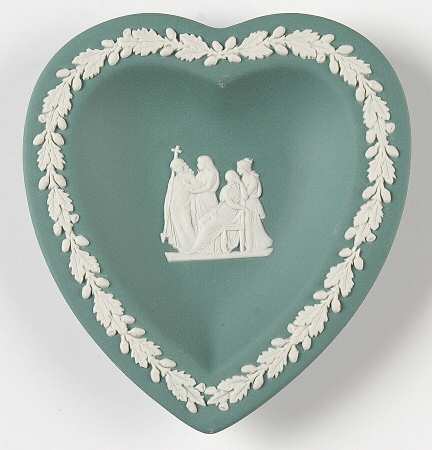 Cream Color on Teal Jasperware Small Heart Shape Ashtray