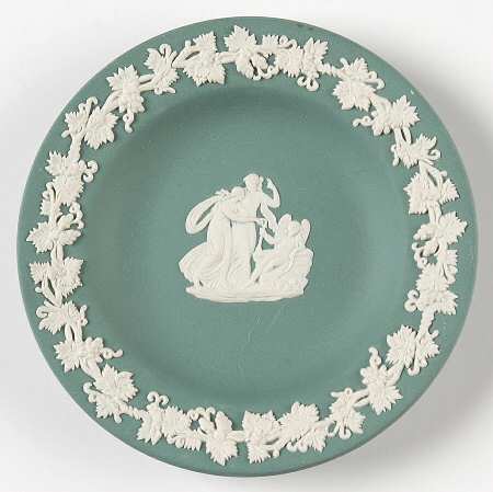 Cream Color on Teal Jasperware 4" Round Tray