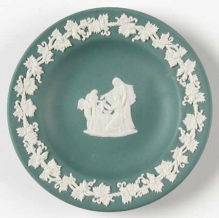 Cream Color on Teal Jasperware 4" Round Tray