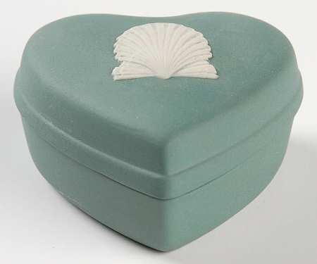 Cream Color on Teal Jasperware Small Heart Shape Box & Lid