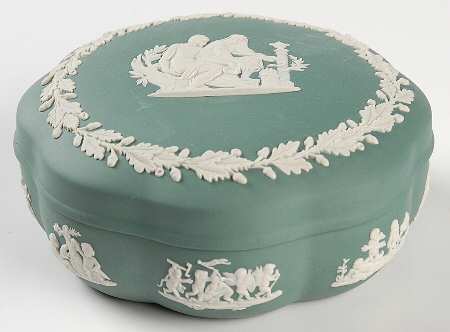 Cream Color on Teal Jasperware Large Scalloped Candy Box & Lid