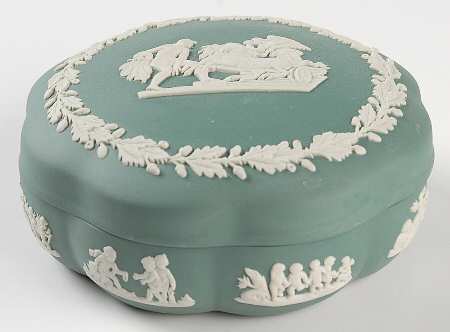 Cream Color on Teal Jasperware Large Scalloped Candy Box & Lid