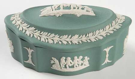 Cream Color on Teal Jasperware Silver/Candy Box & Lid