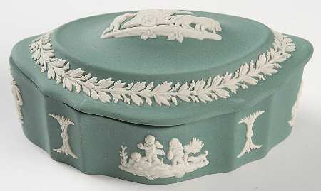 Cream Color on Teal Jasperware Silver/Candy Box & Lid
