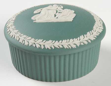 Cream Color on Teal Jasperware 3" Fluted Round Box & Lid