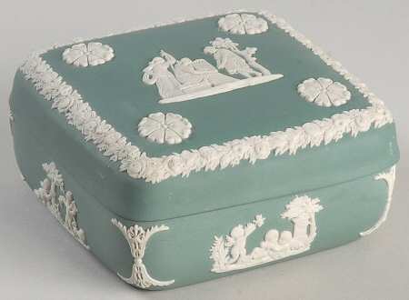 Cream Color on Teal Jasperware Square Box with Lid